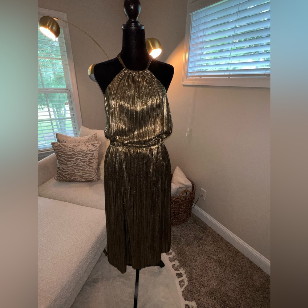RACHEL ROY: Metallic Gold Midi Dress - Size Medium